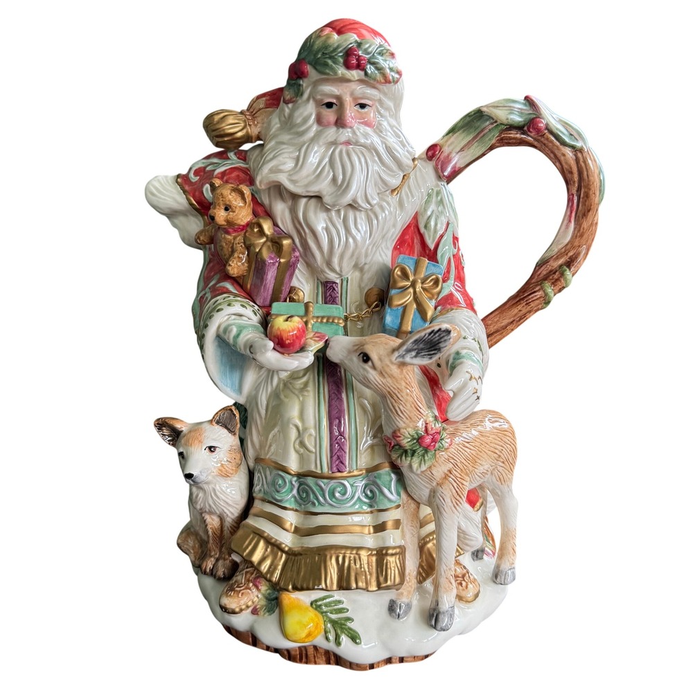Fitz and Floyd Enchanted Holiday Santa Claus Christmas Teapot Deer Fox